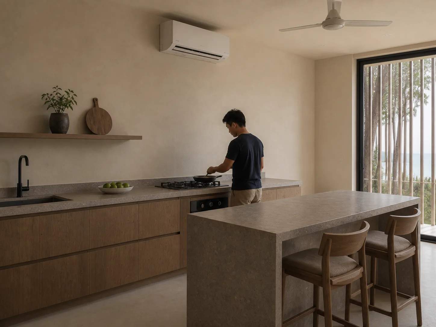 Laterite, teak, microcement. No imported marble.